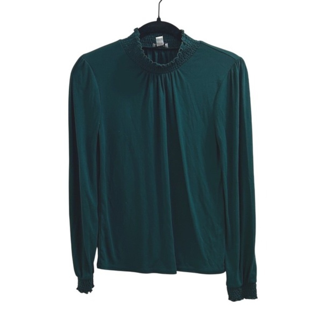 J.Crew Smocked High Neck Top XXS Green Long Sleeve Jersey Knit Victorian Blouse